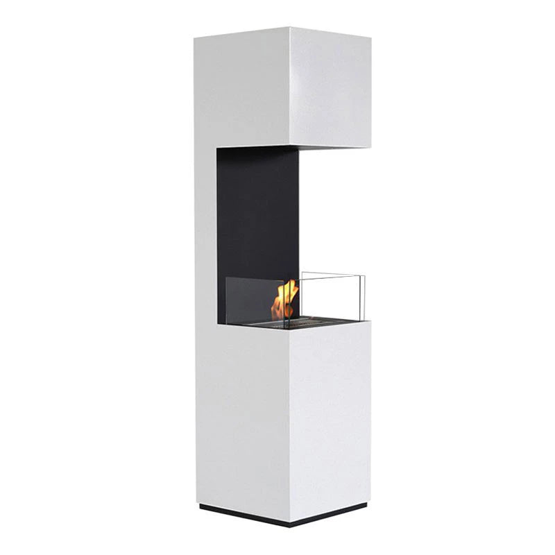 Open 3-sided white bioethanol fireplace, lit with a realistic flame, white-background studio shot