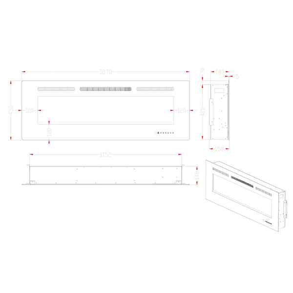 Titanite 127 cm - Cheminée électrique pour montage mural ou encastré