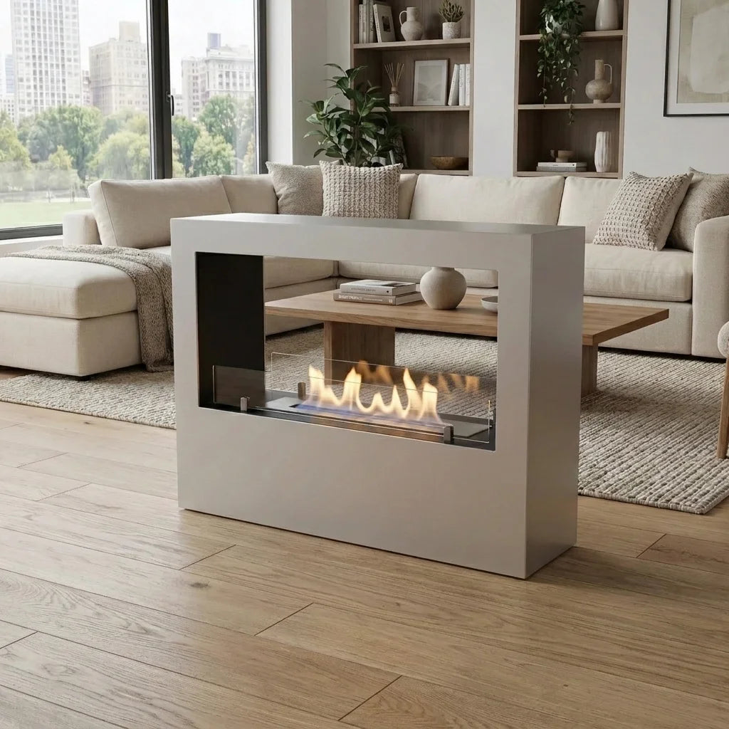 Lansing L White two-sided freestanding bio fireplace as a room divider in a bright living room with a city view, lit realistic flame