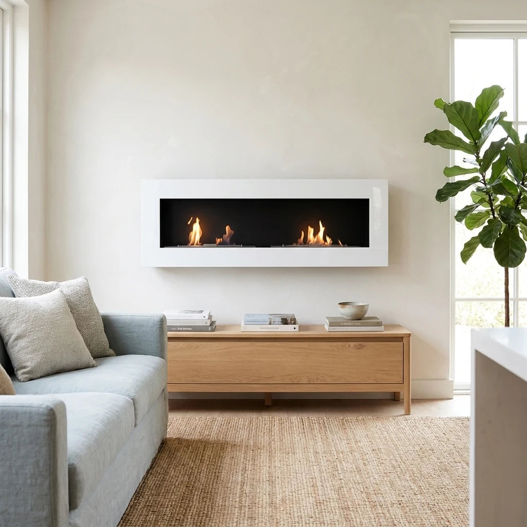 Murus 1600 glossy white bio fireplace mounted on a warm-white wall above a light oak console, lit flame