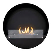 Delaware XL black round bio fireplace, front view on white background, lit with a realistic flame