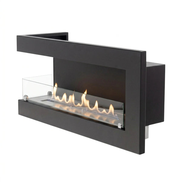 Left-facing corner bioethanol fireplace 85 cm with lit flames