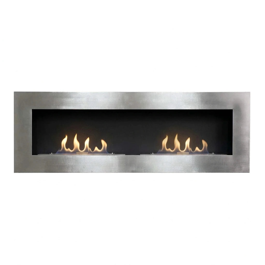 Murus 1600 brushed steel bio fireplace, front view on white background, lit with a realistic flame
