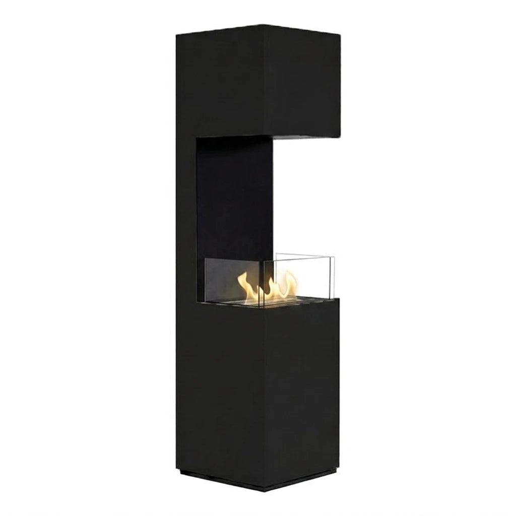 Open 3-Sided black bioethanol fireplace with a lit flame, white studio background