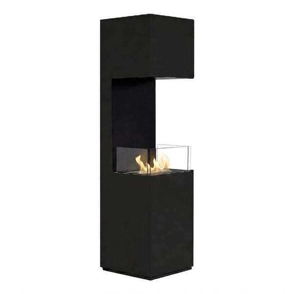 Open 3-Sided black bioethanol fireplace with a lit flame, white studio background