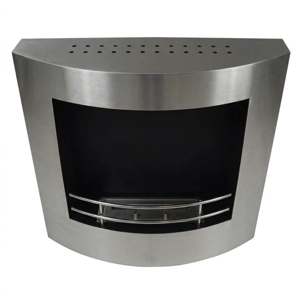 Stainless steel wall-mounted bio fireplace 60 cm with safety fence and burner, view from above on white background