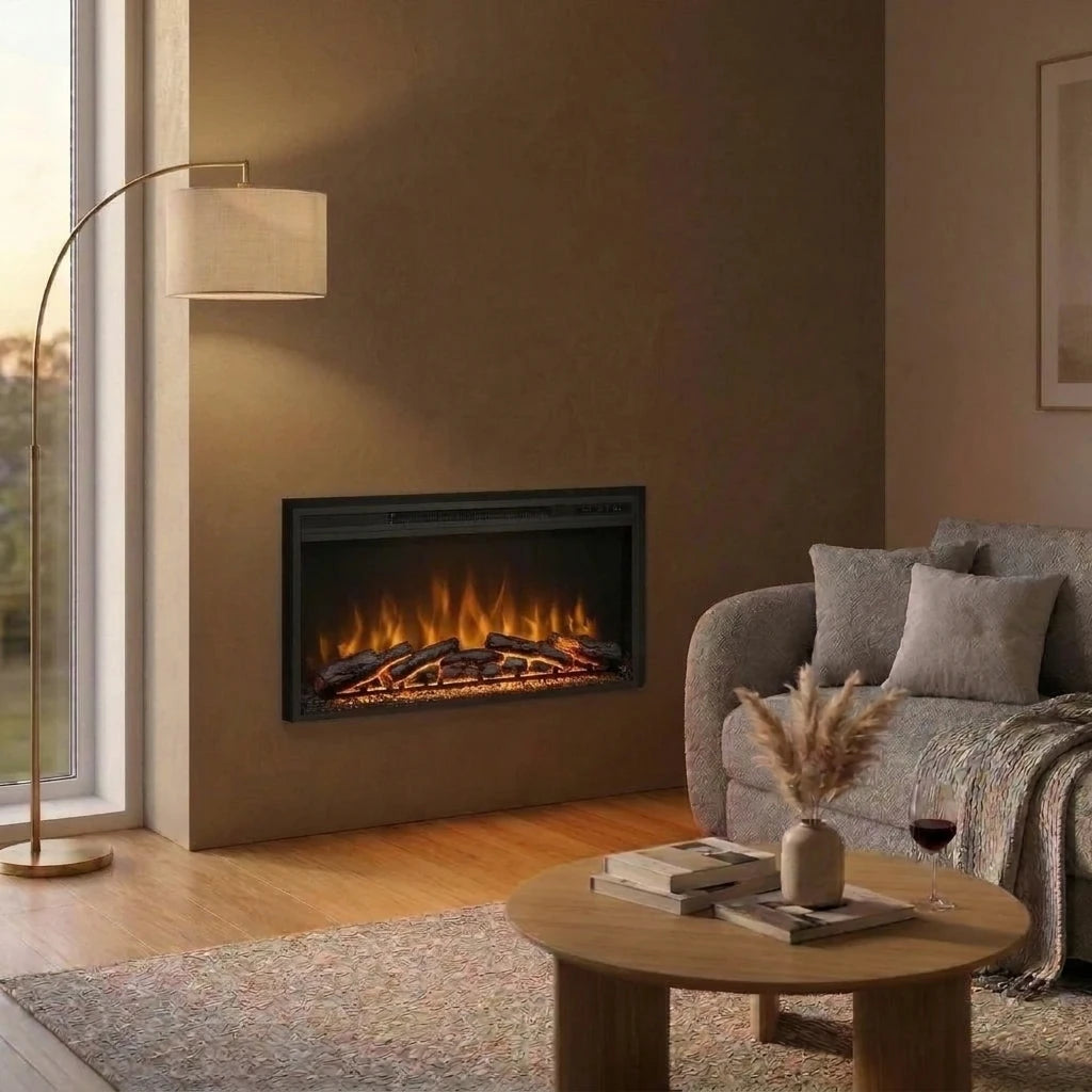 Pyrope 90 cm electric fireplace insert with realistic flames in a low media wall in a modern living room