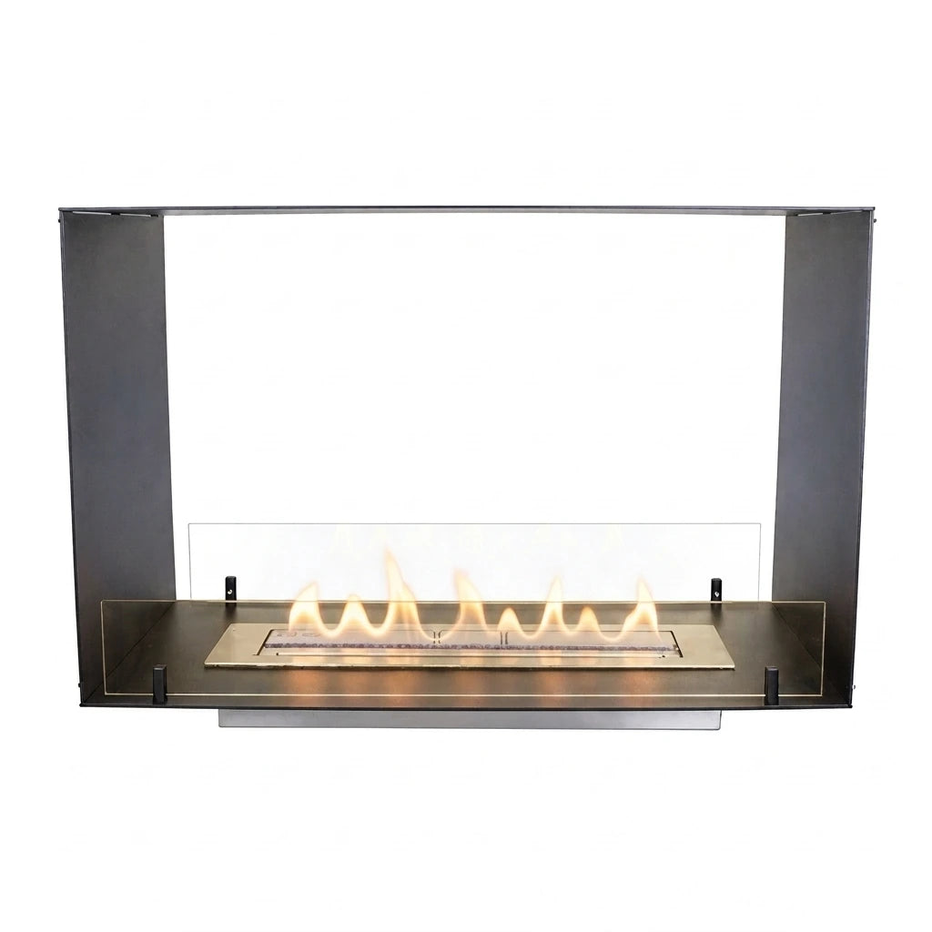 Foco Two 800 see-through bioethanol fireplace, studio shot with lit flame
