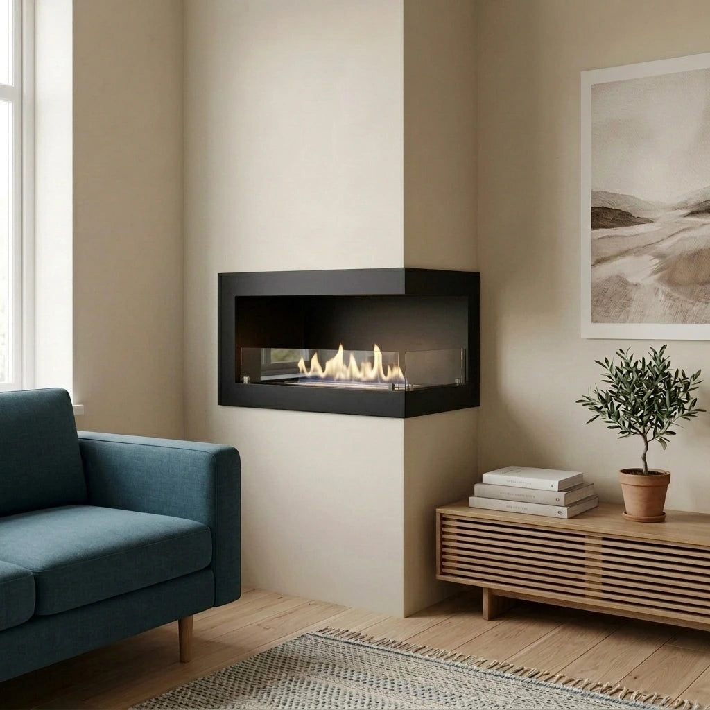 Right-facing corner bioethanol fireplace 85 cm in a bright living room corner