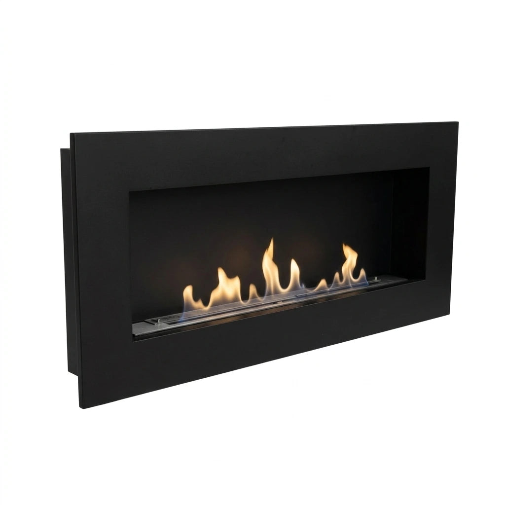 Murus 1200 black bio fireplace, angled view on white background, lit with a realistic flame