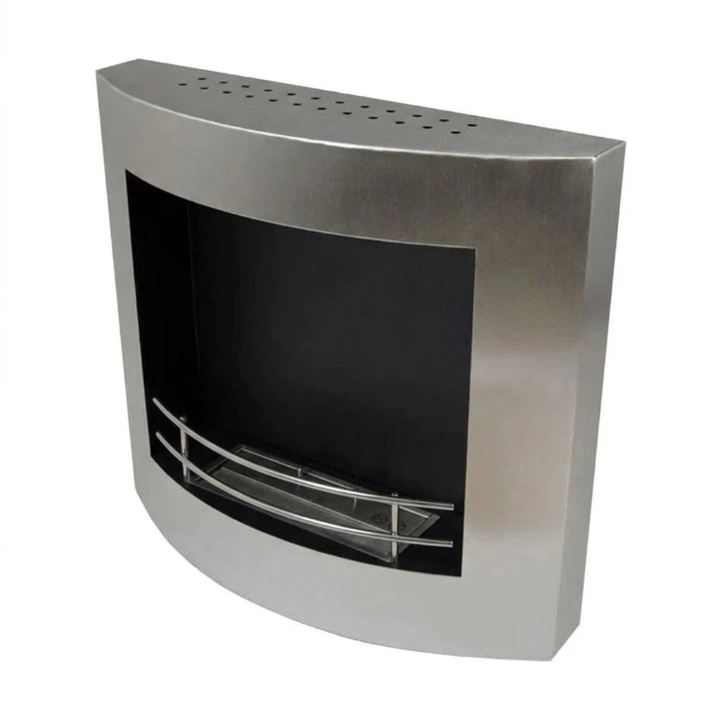 Stainless steel wall-mounted bio fireplace 60 cm with safety fence and burner, side angle on white background