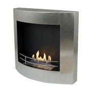 Stainless steel curved wall-mounted bio fireplace 60 cm with safety fence, angled front view on white background, lit with a realistic flame
