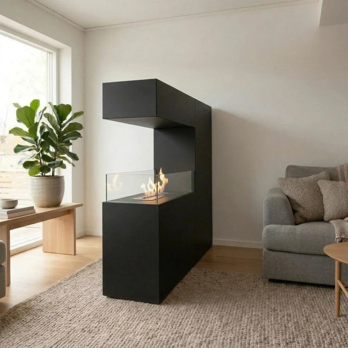 Tall black bio fireplace with lit flame standing against the wall in a bright living room