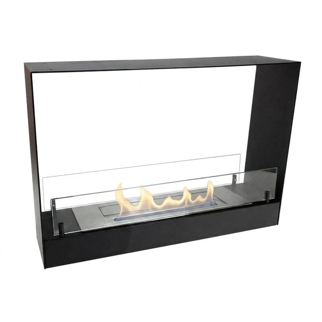 Built-in black bioethanol fireplace 60 cm, front view on white background with a realistic lit flame