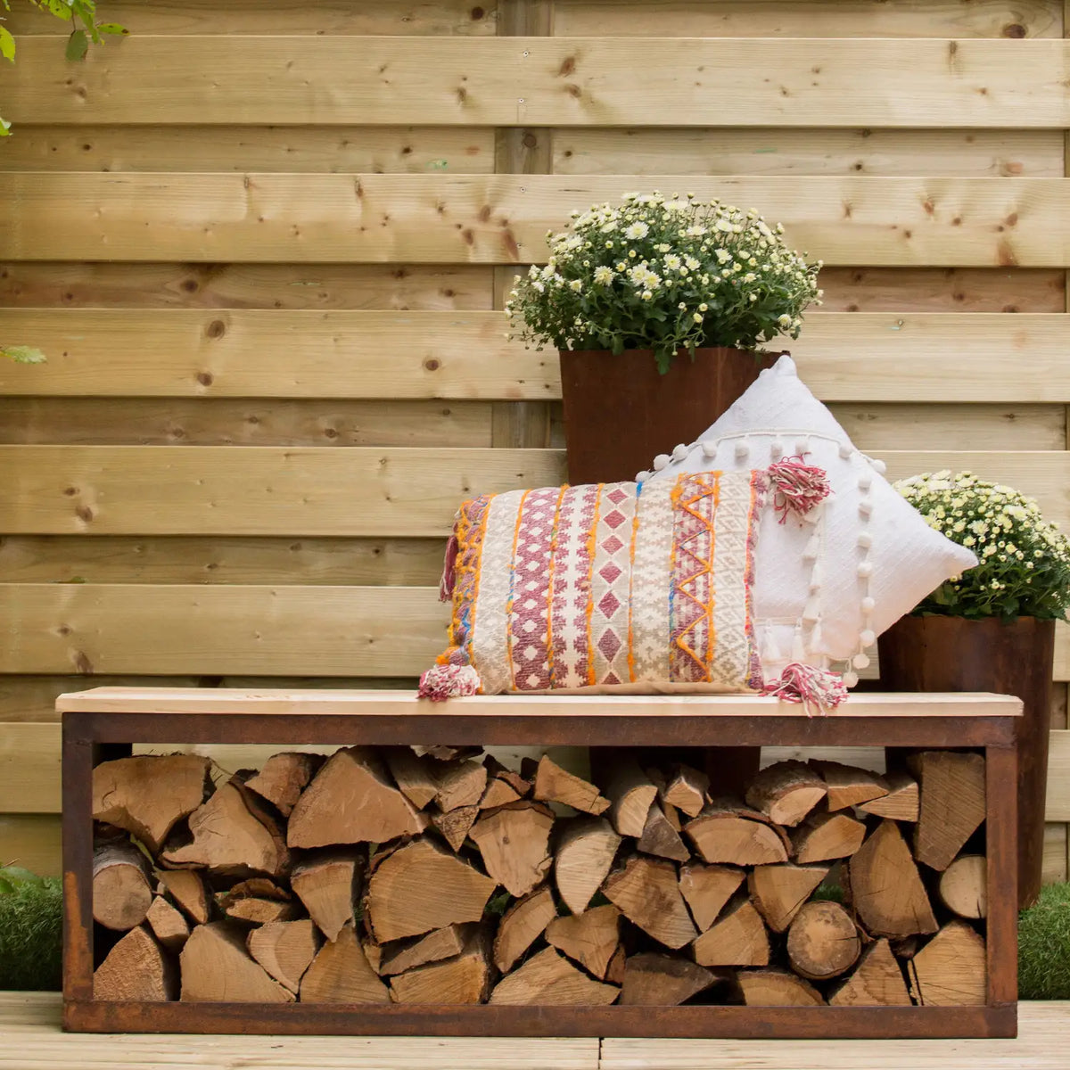 Banc avec Stockage de Bois en Acier Corten