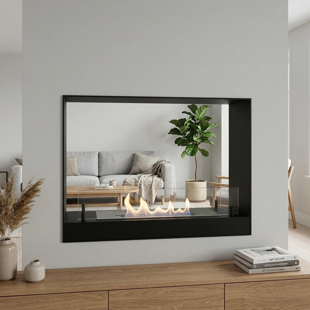 Two-sided built-in black bioethanol fireplace set flush in a room divider wall, lit realistic flame with the living room visible on the other side
