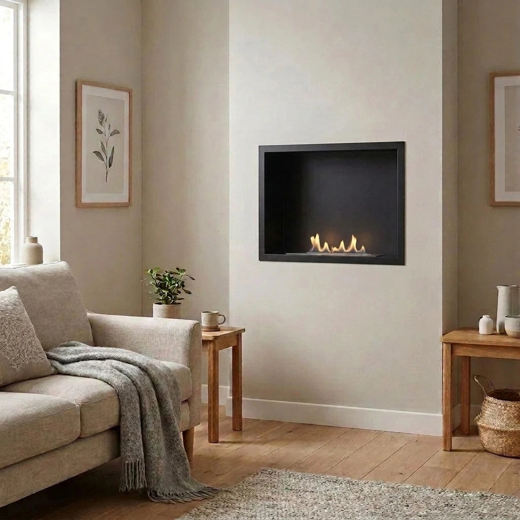 Black built-in bioethanol fireplace insert set flush into a light wall above a sofa in a Scandinavian living room, lit flame
