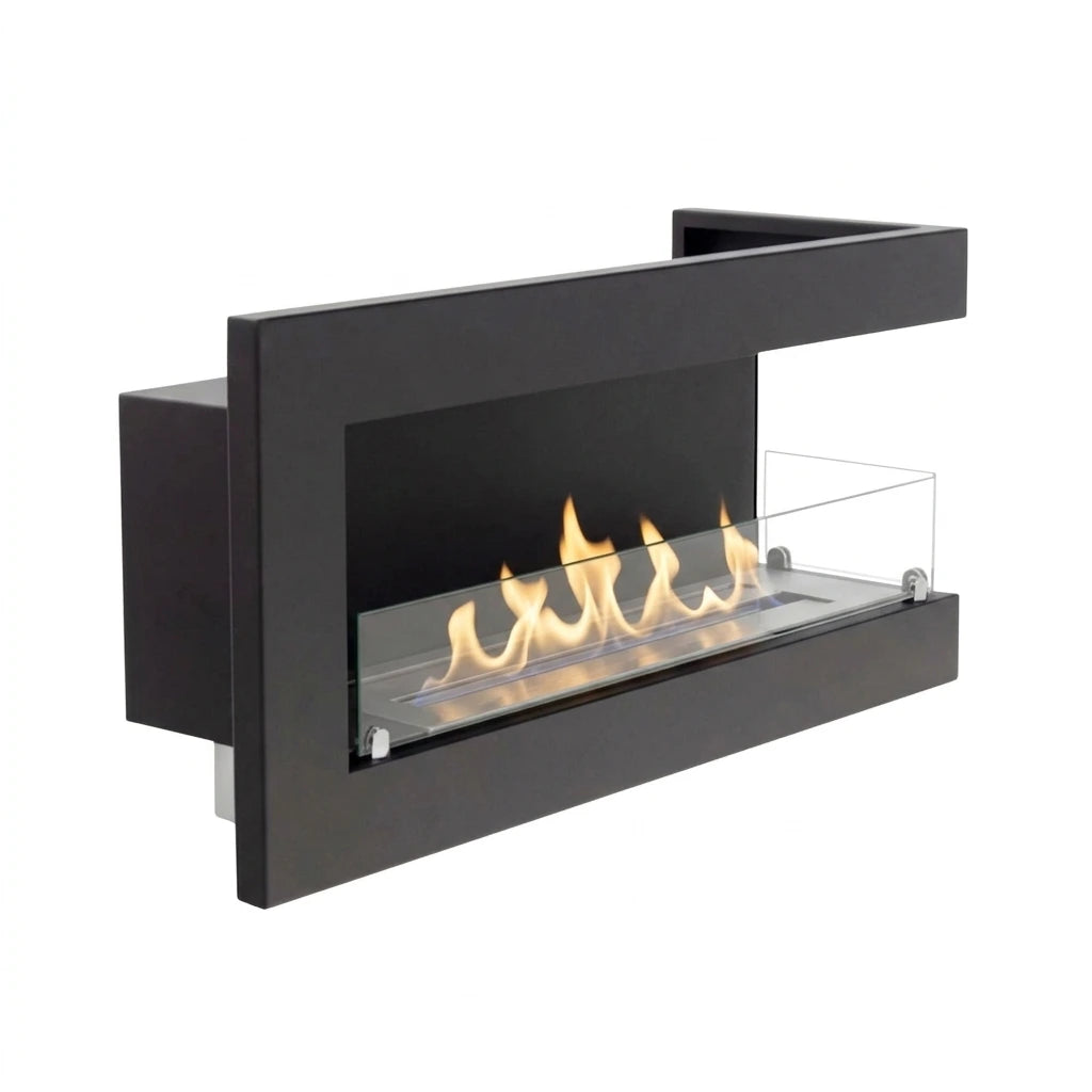 Right-facing corner bioethanol fireplace 85 cm with lit flames