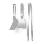 Höfats Grill Tool Set consisting of grill tongs, grill scraper, and spatula