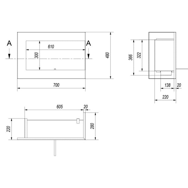 Cheminée bioéthanol d'angle 70 cm (droite)