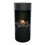 Montgomery black round bioethanol fireplace with decorative logs, lit with a realistic flame, white-background studio shot