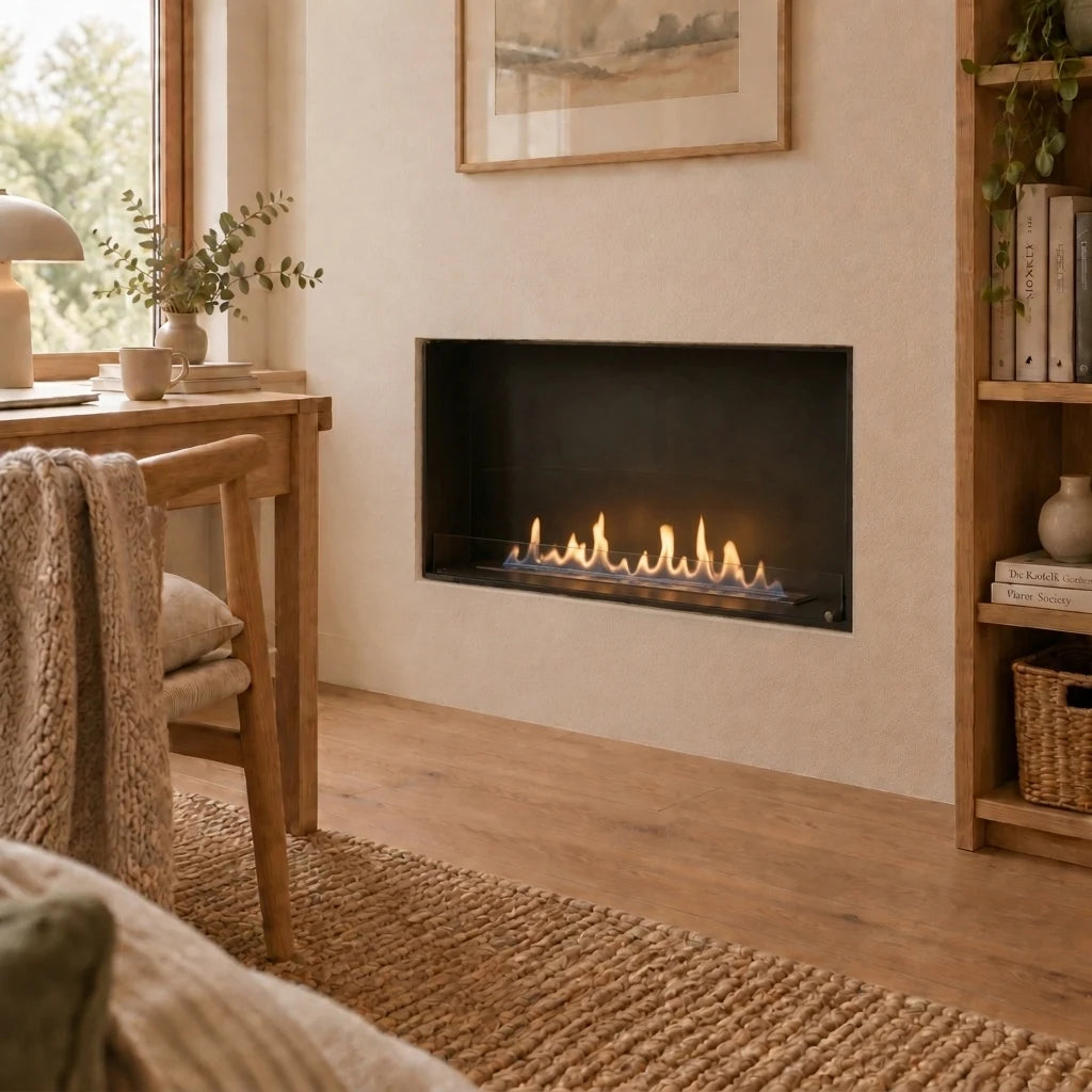 Foco One 1000 Slim built-in bioethanol fireplace installed in a home office reading nook