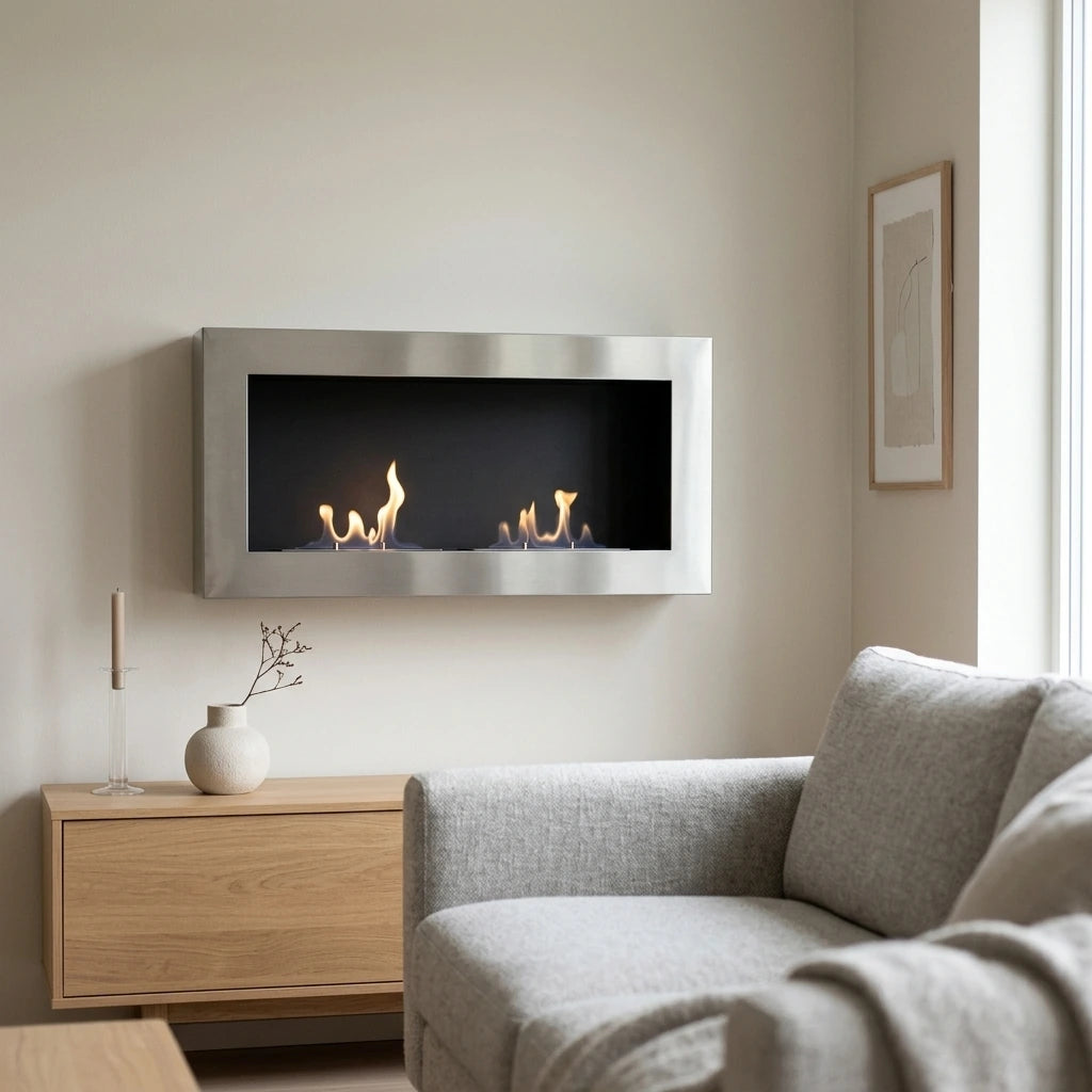 Large steel wall mounted bioethanol fireplace on a living room wall, lit flame