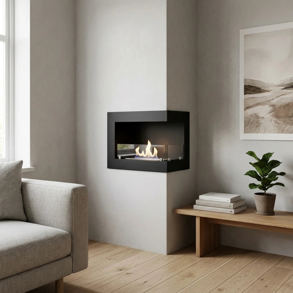 Right-facing corner bio fireplace built into a light wall in a Scandinavian living room, lit realistic flame