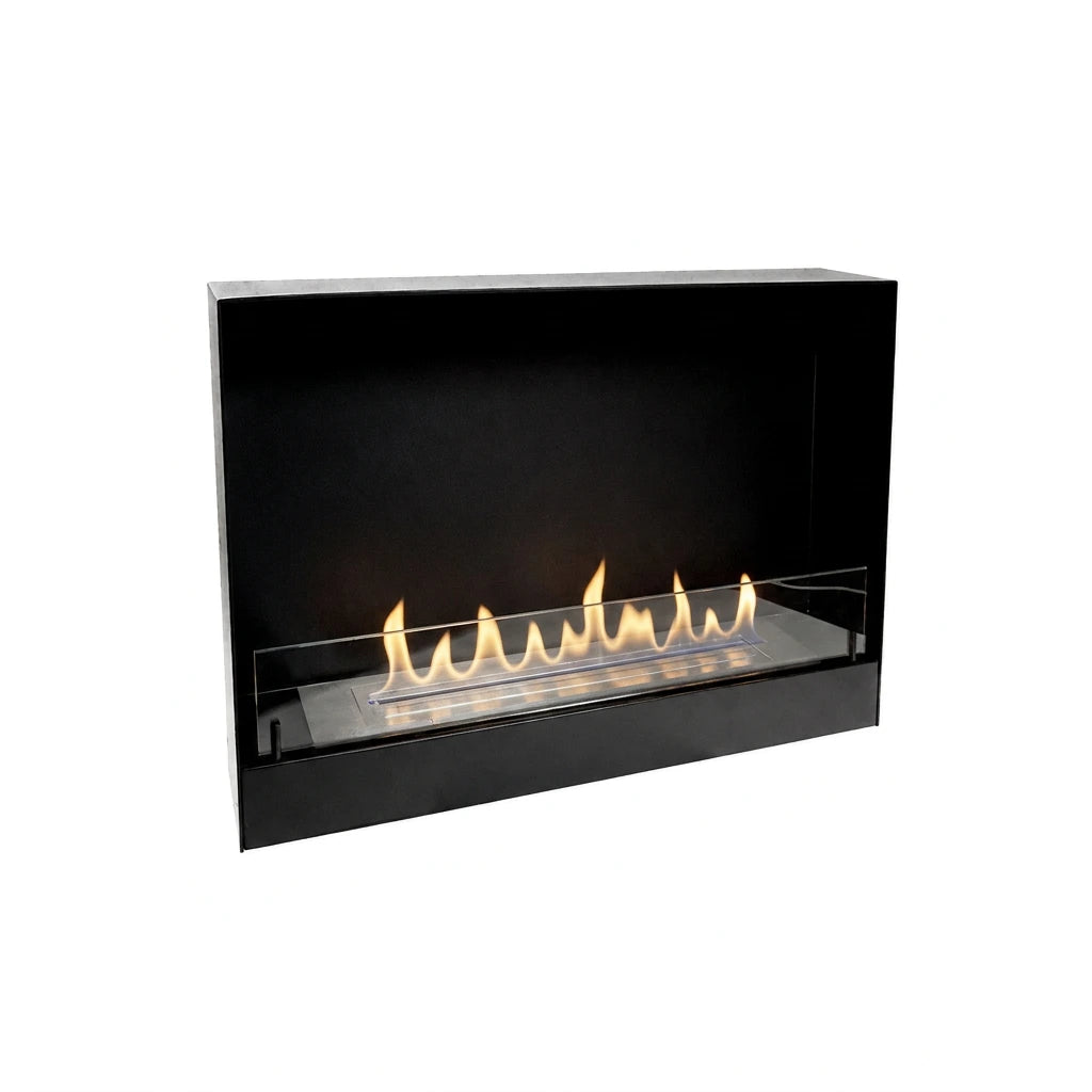 60 cm black bio fire wall insert with a lit natural flame, angled studio view