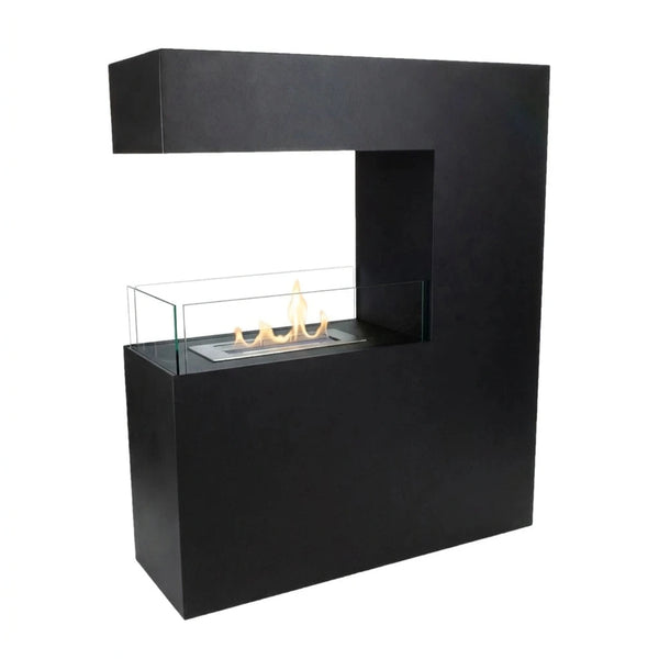 Tall black room divider bio fireplace with lit flames