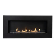 Murus 1200 black bio fireplace, front view on white background, lit with a realistic flame