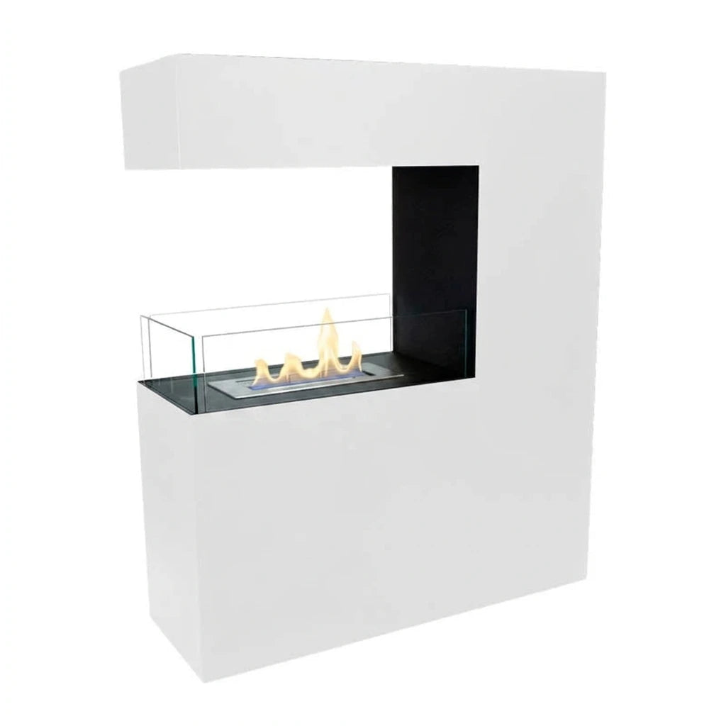 Tall white room divider bio fireplace with lit flames