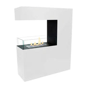 Tall white room divider bio fireplace with lit flames
