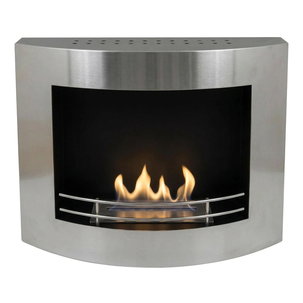 Stainless steel wall-mounted bio fireplace 60 cm with safety fence in front of the burner, angled view on white background, lit realistic flame