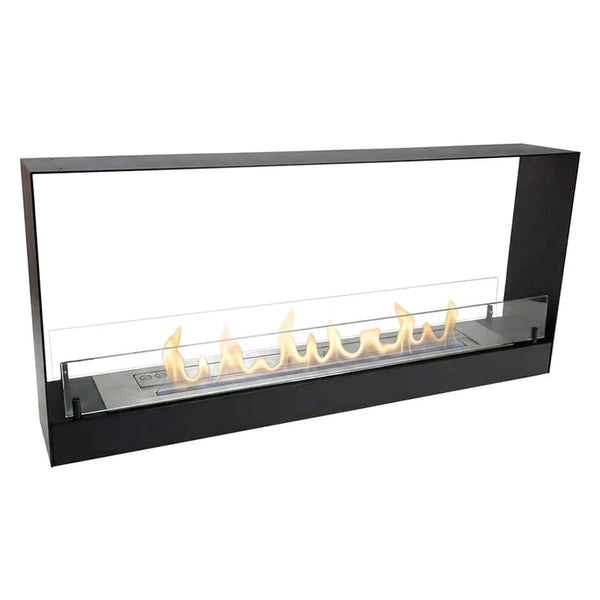 140 cm built-in see-through bio fireplace, front view on white background, lit with a realistic flame