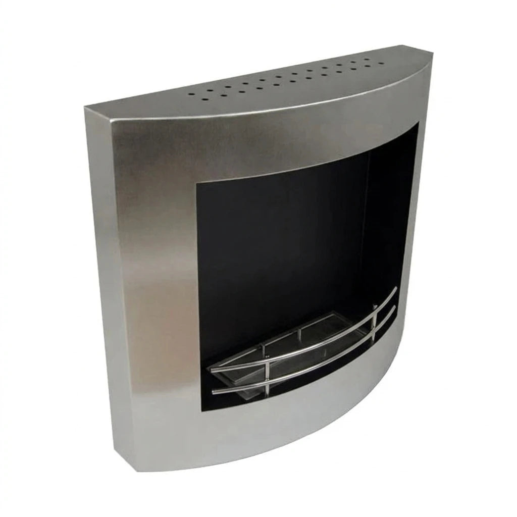 Stainless steel wall-mounted bio fireplace 60 cm with safety fence and burner, angled view on white background