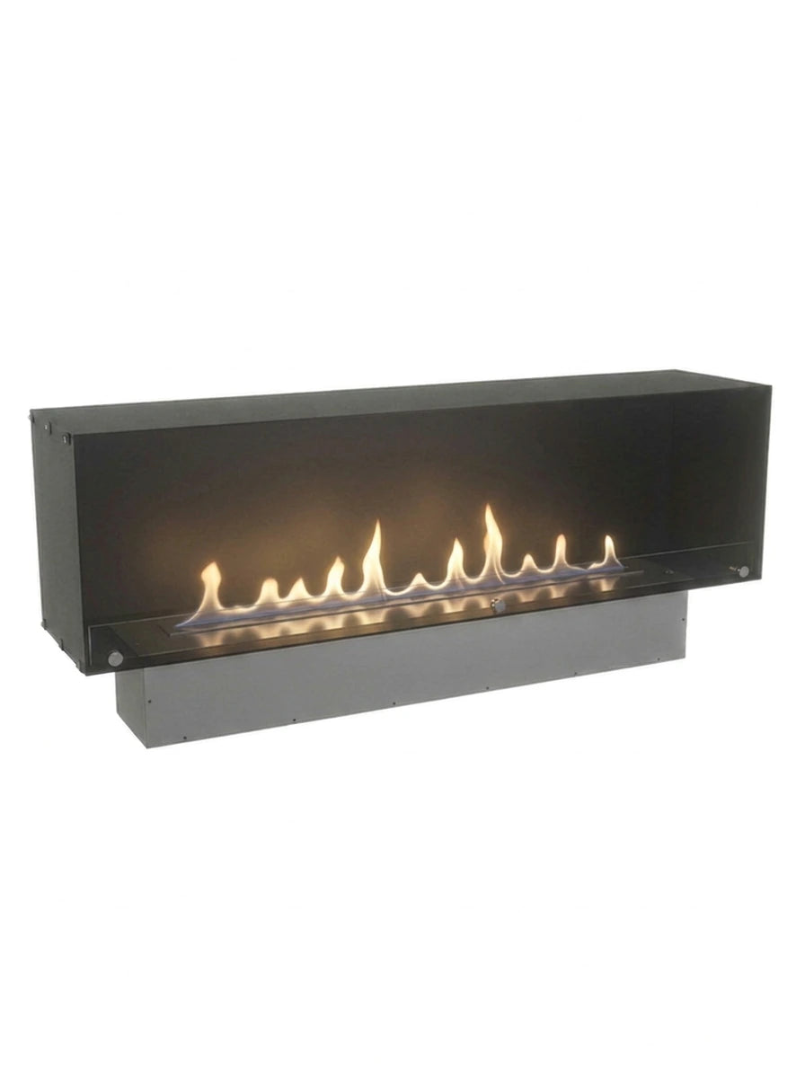 Foco One 1800 bioethanol fireplace with a realistic lit flame, white background studio shot