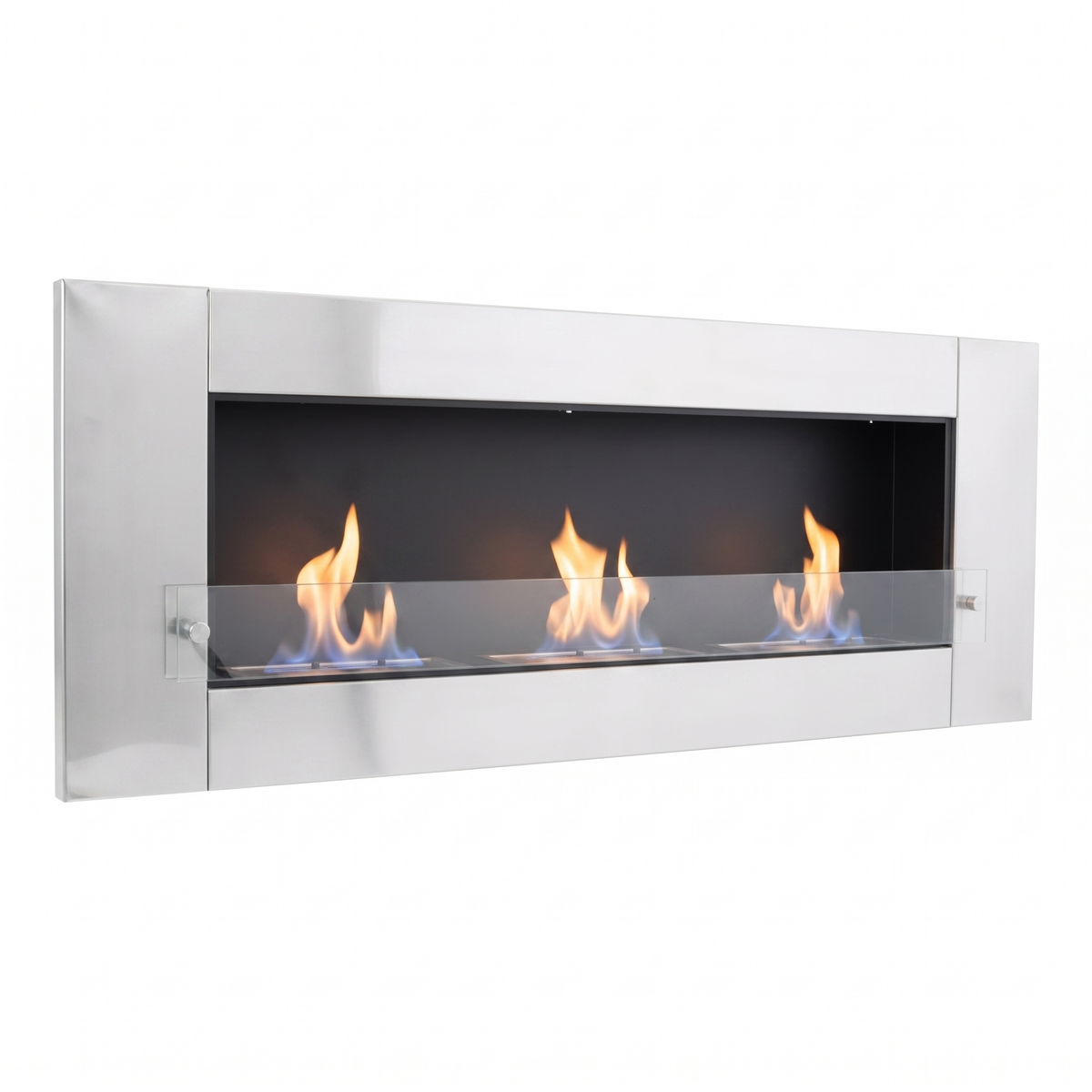 XL stainless steel wall-mounted bioethanol fireplace with three lit ethanol flames, studio photo on white background
