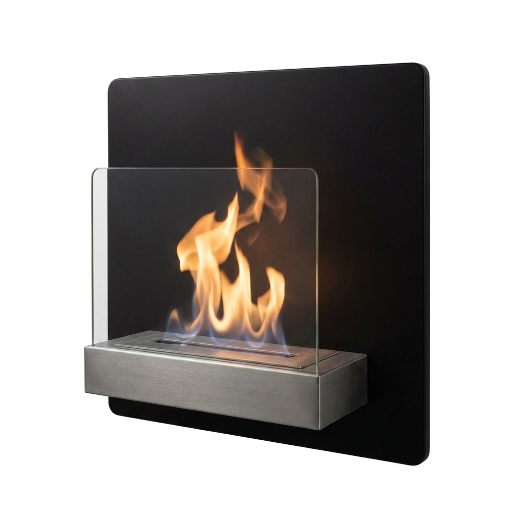 Black wall-mounted bioethanol fireplace with a lit flame behind the glass panel, front view