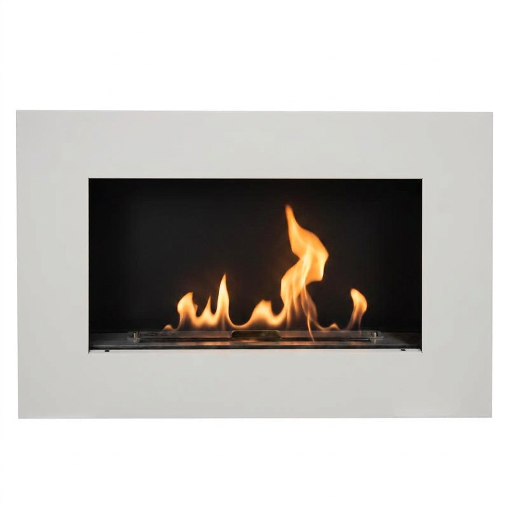 Murus 800 matte white wall-mounted bio fireplace, front view with lit flame on white background