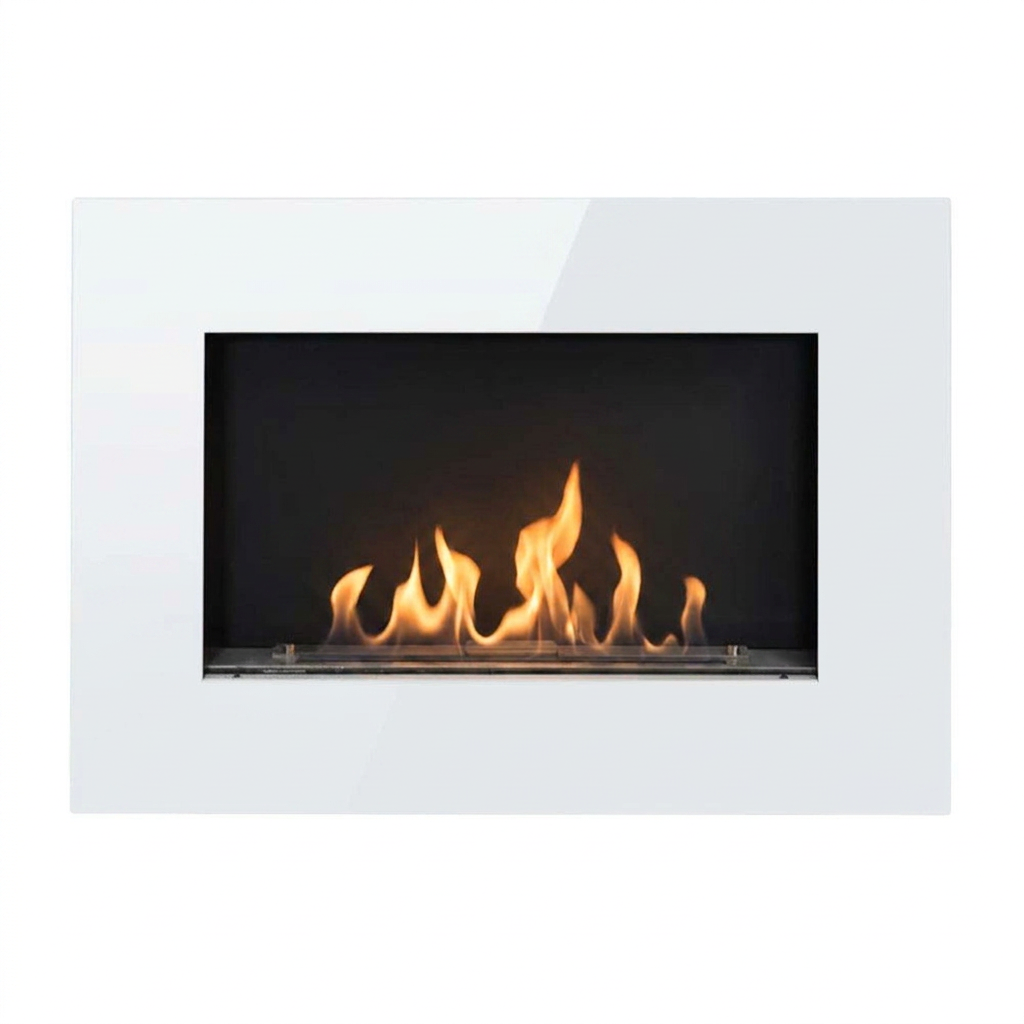 Murus 800 glossy white wall-mounted bio fireplace, front view with lit flame on white background