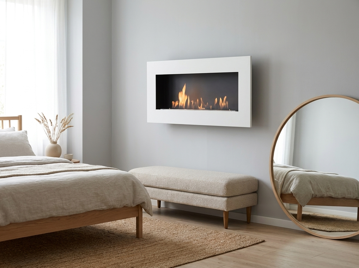 Murus 1200 matte white bio fireplace mounted in a bright minimalist bedroom above a bench, lit flame