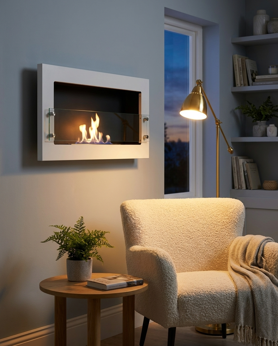 Texas white bioethanol fireplace mounted beside a cozy reading nook with a bouclé armchair and brass floor lamp, evening ambience, lit with a realistic flame