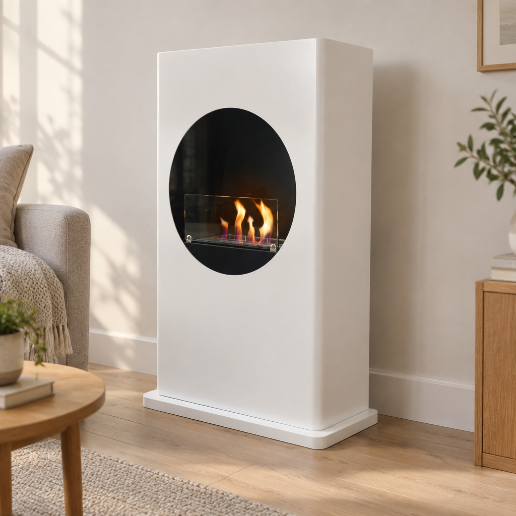 White freestanding bioethanol fireplace with round cutout in a bright living room with a sofa, rug and side table, lit flame