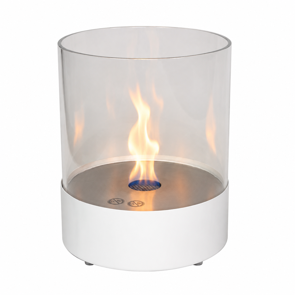 Southwark white round tabletop bioethanol fireplace, lit realistic flame, studio view