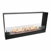 Double-sided built-in bioethanol fireplace, front view with lit flame