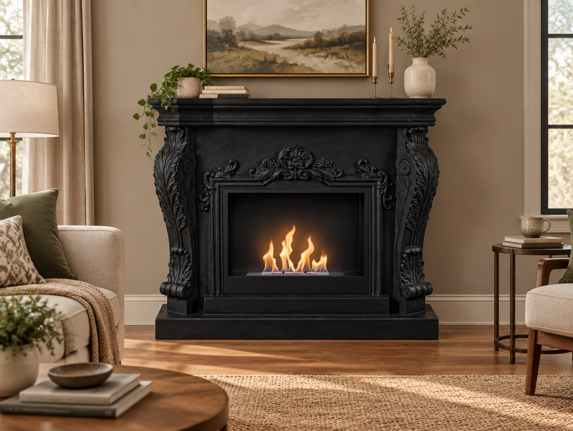 Ymir freestanding bioethanol fireplace with black polystone surround styled in a warm-toned living room