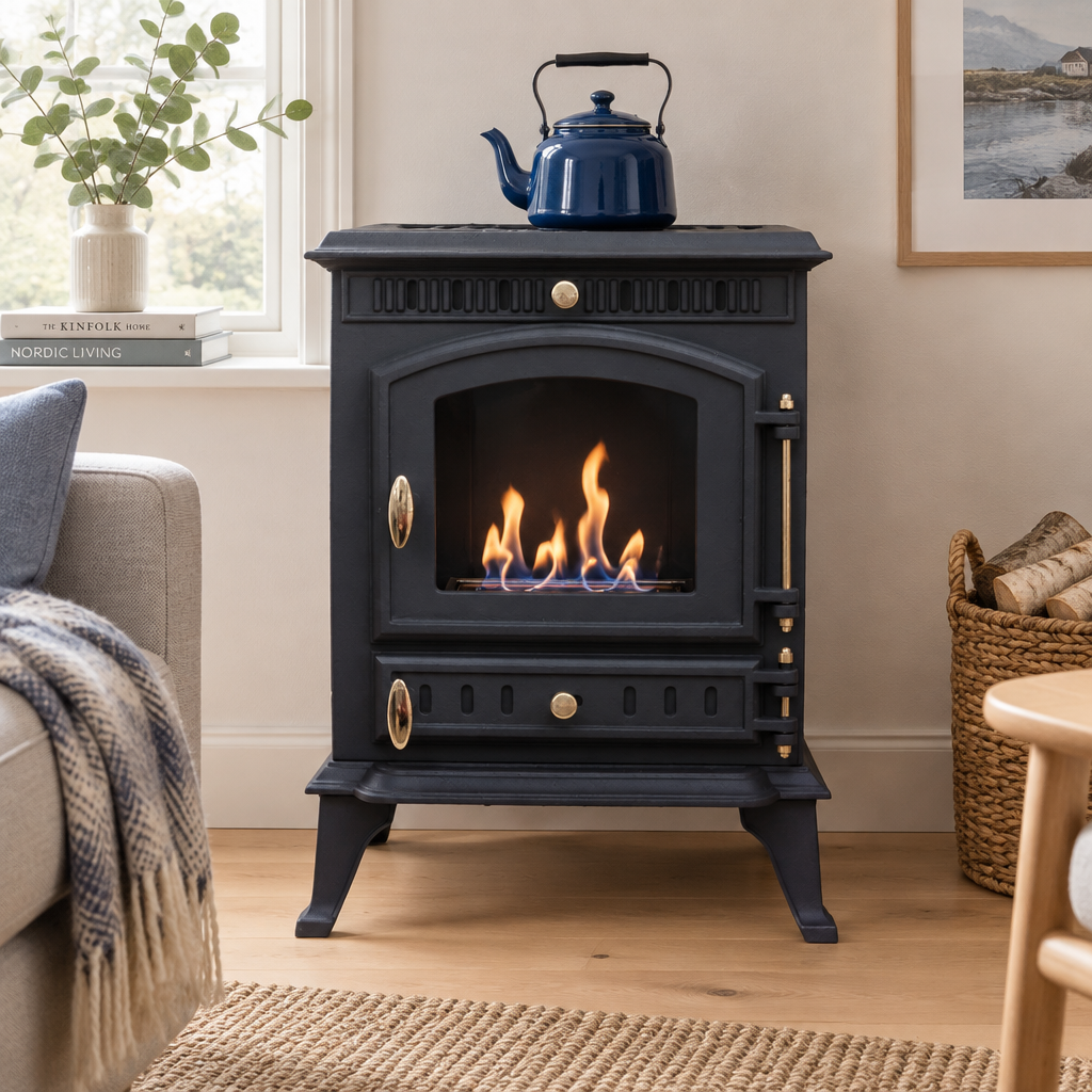 ScandiFlames Molde with decorative top removed, blue teapot warming on the exposed cooking plate