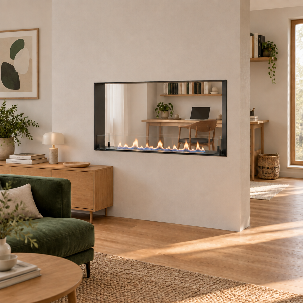 Foco Two 1000 Slim built into a partition wall between a living room and home-office nook, lower realistic lit flame visible from both sides