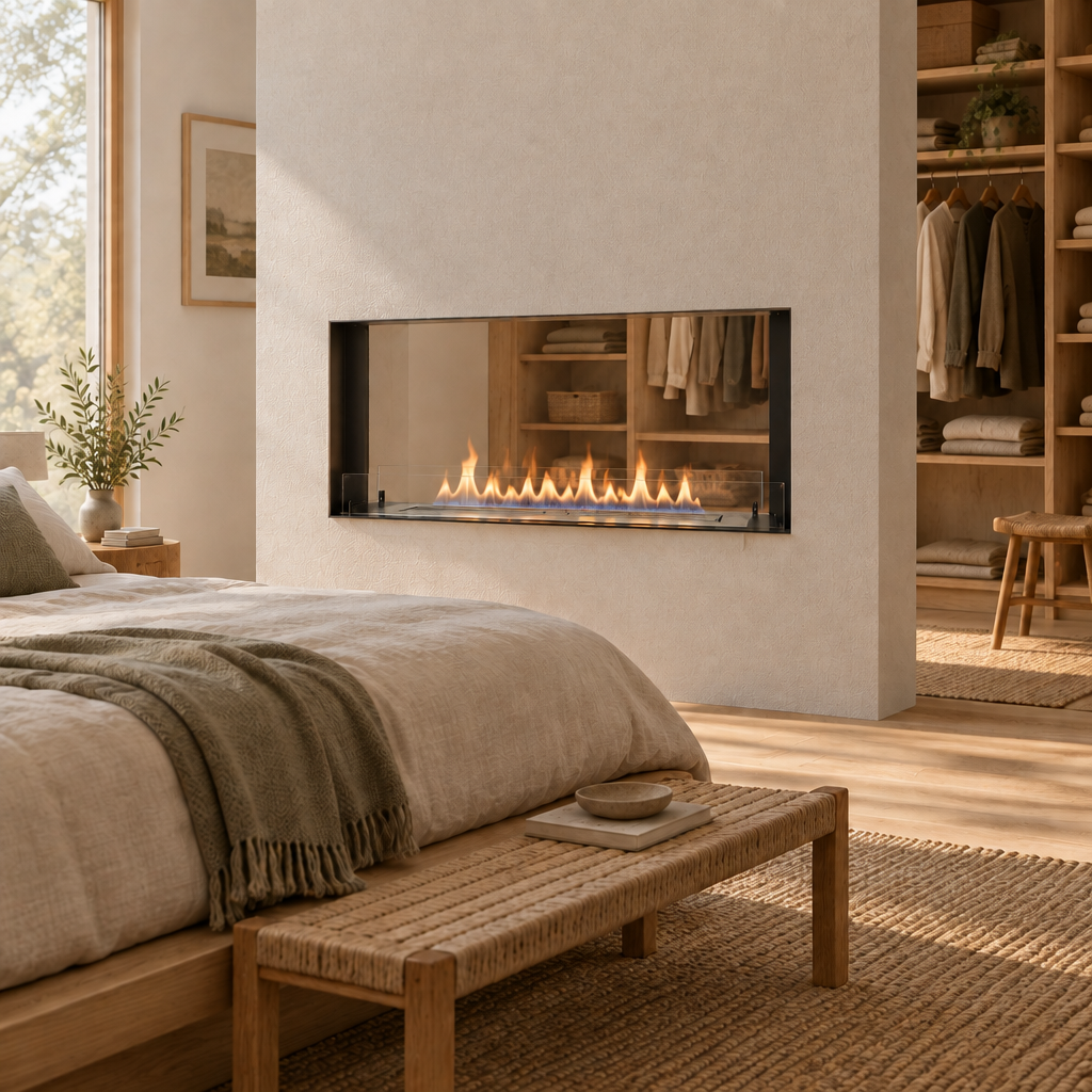 Foco Two 1200 Slim built into a partition wall between a bedroom and a walk-in dressing nook, lit flame visible from both sides